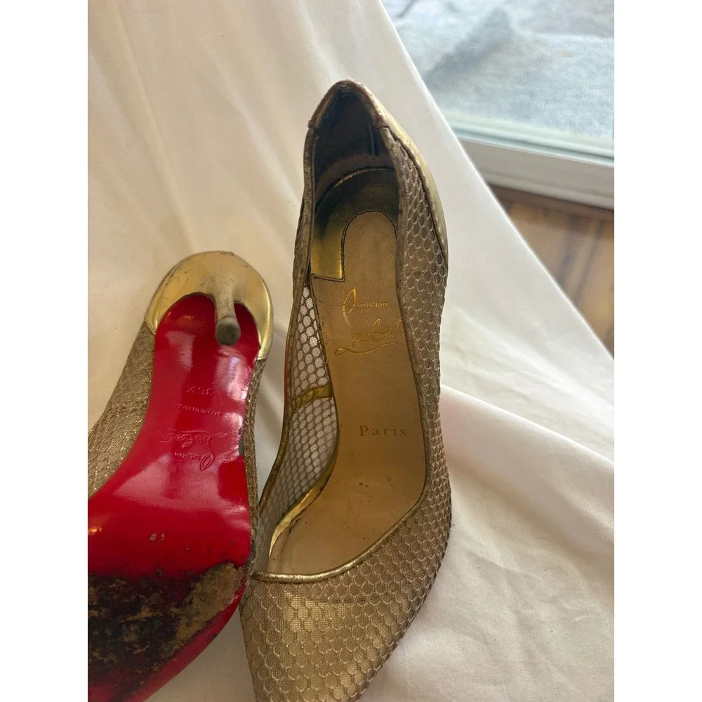 Christian Louboutin Follies Resille Gold Mesh Red Bottom Pumps Heels 36.5